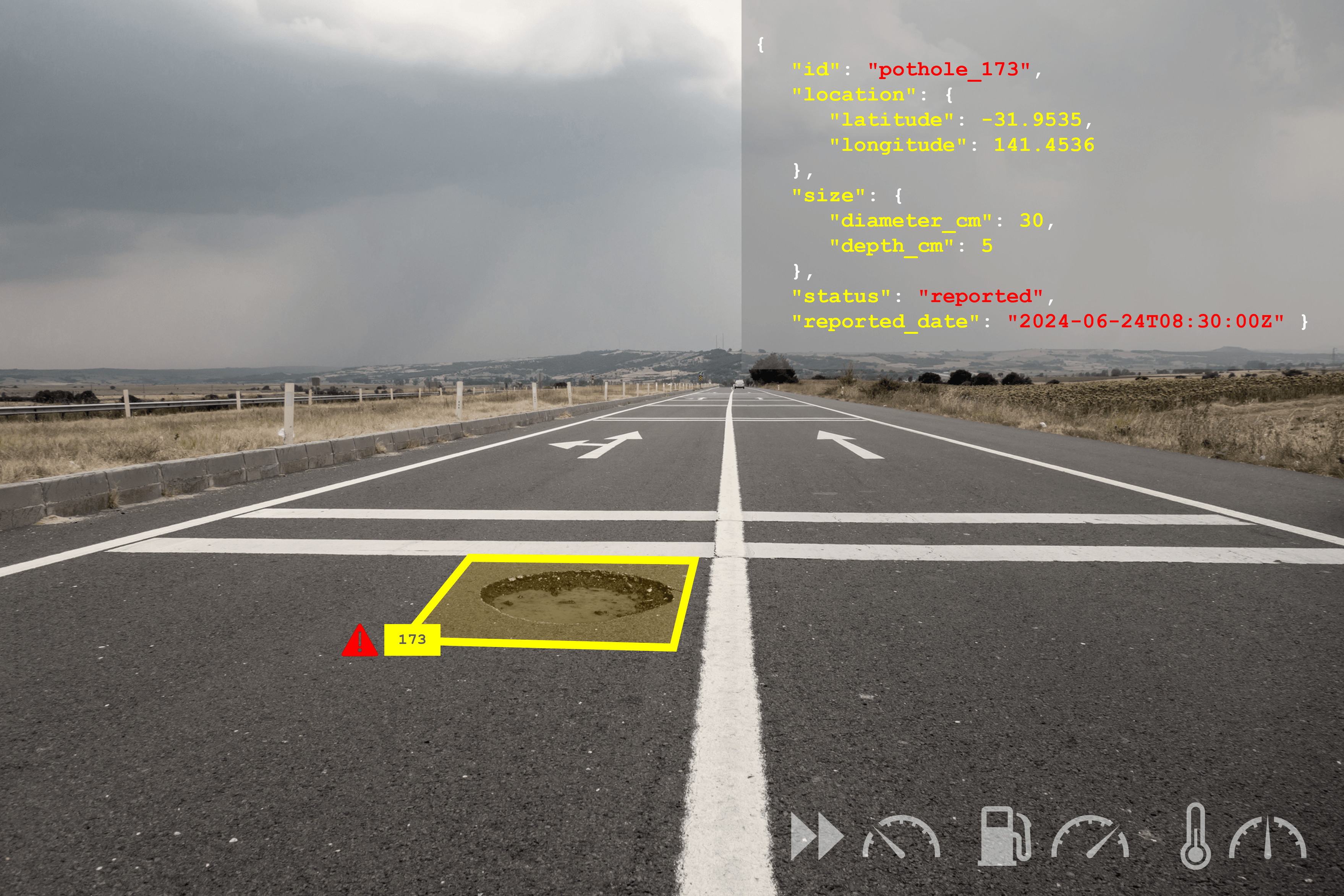 Image of a pothole on an asphalt road surface being detected and labelled by a asset management system, including defect data and equipment function dashboard