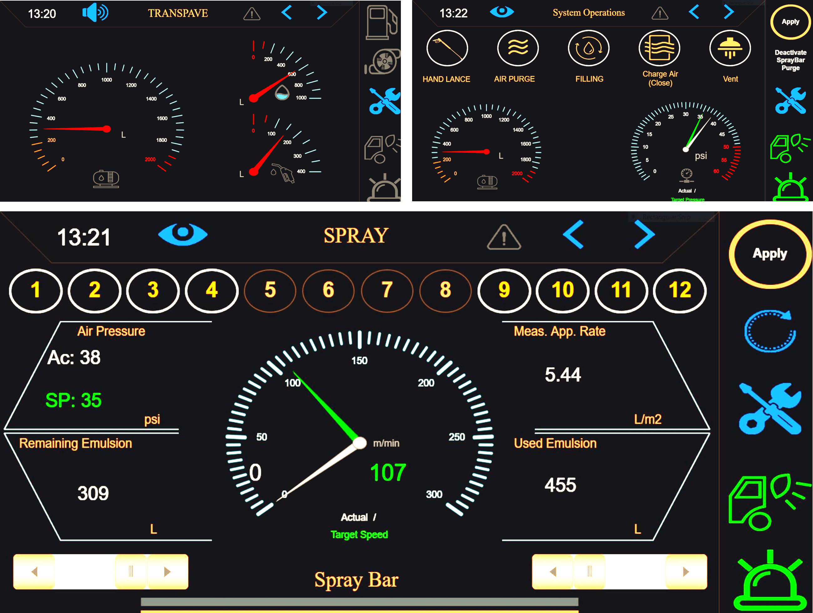 Three HMI screenshots from the Transcoater Tack Coater HMI showing various speed and material levels and functions.