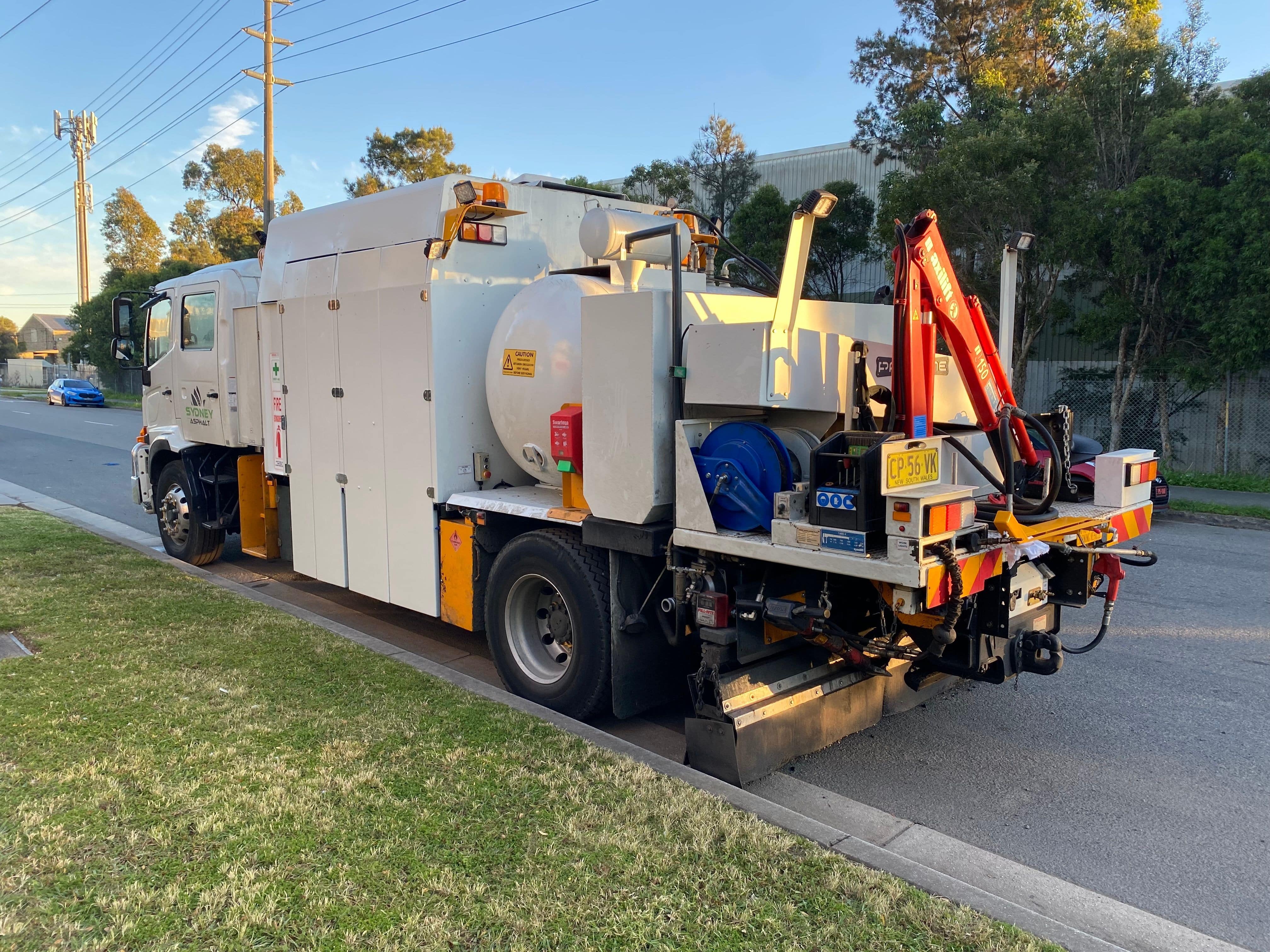 Rear curb side view of a Paveline tack coater that was repaired, re-engineered, and rebuilt for a NSW customer.