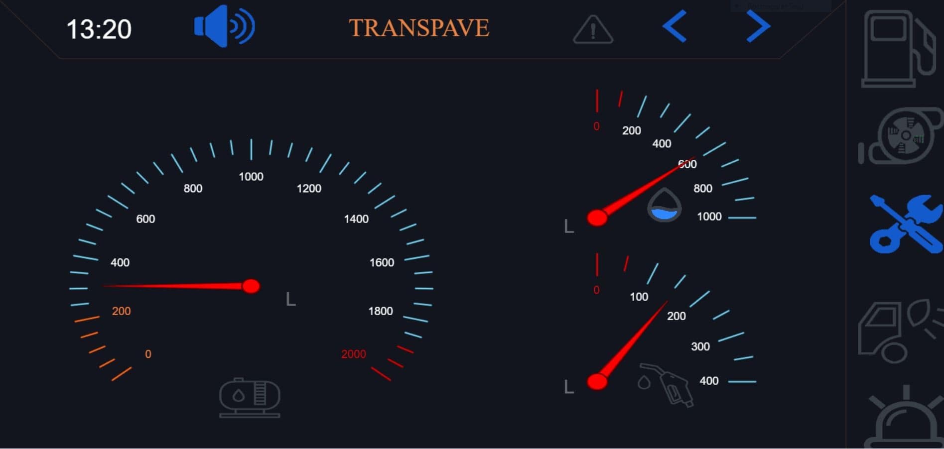 Screenshot of HMI control unit showing speed, diesel and emulsion levels.